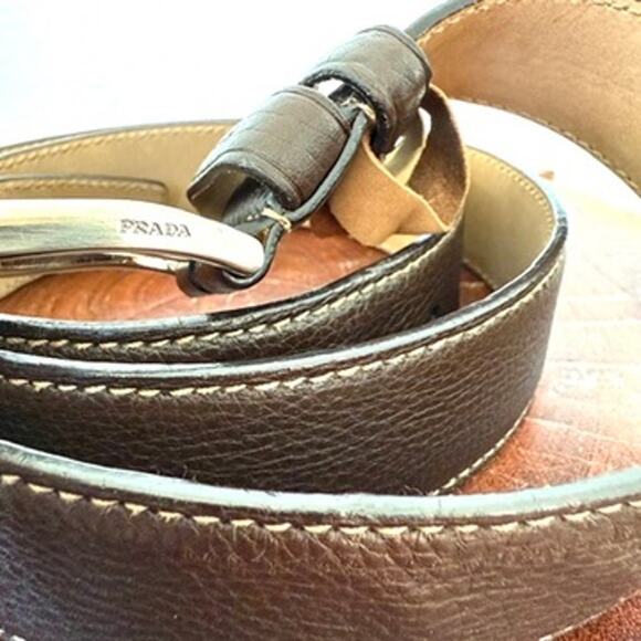 PRADA Pebbled Leather Belt Brown White Stitching Silver Buckle 115/46 Italy - Picture 2 of 8